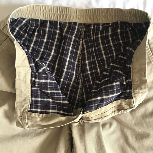 LL Bean Pants Men Tag 37 /Actual 32x28 Khaki Flannel Plaid Lined Pleated Vintage - Picture 1 of 9